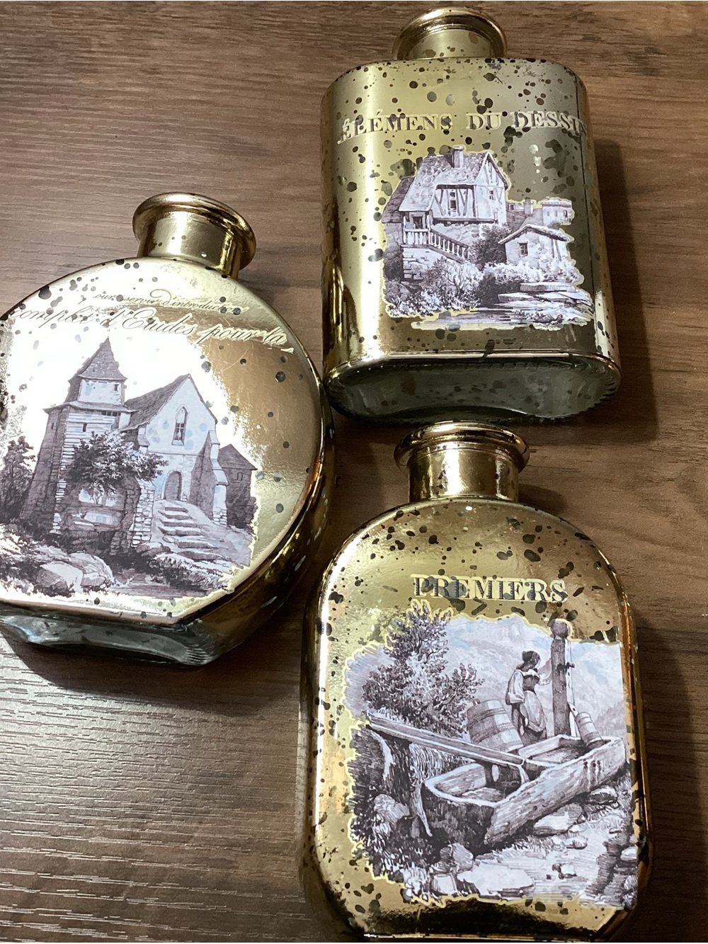 French Style Mercury Glass Apothecary Bottles with Village Scene Motifs Set Of 3